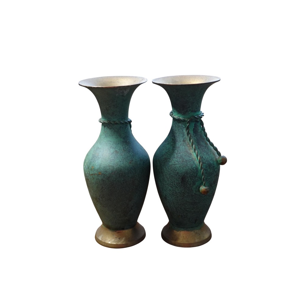 Vintage brass metal tulip shape set of 2 vases 6 inches metal rope decor